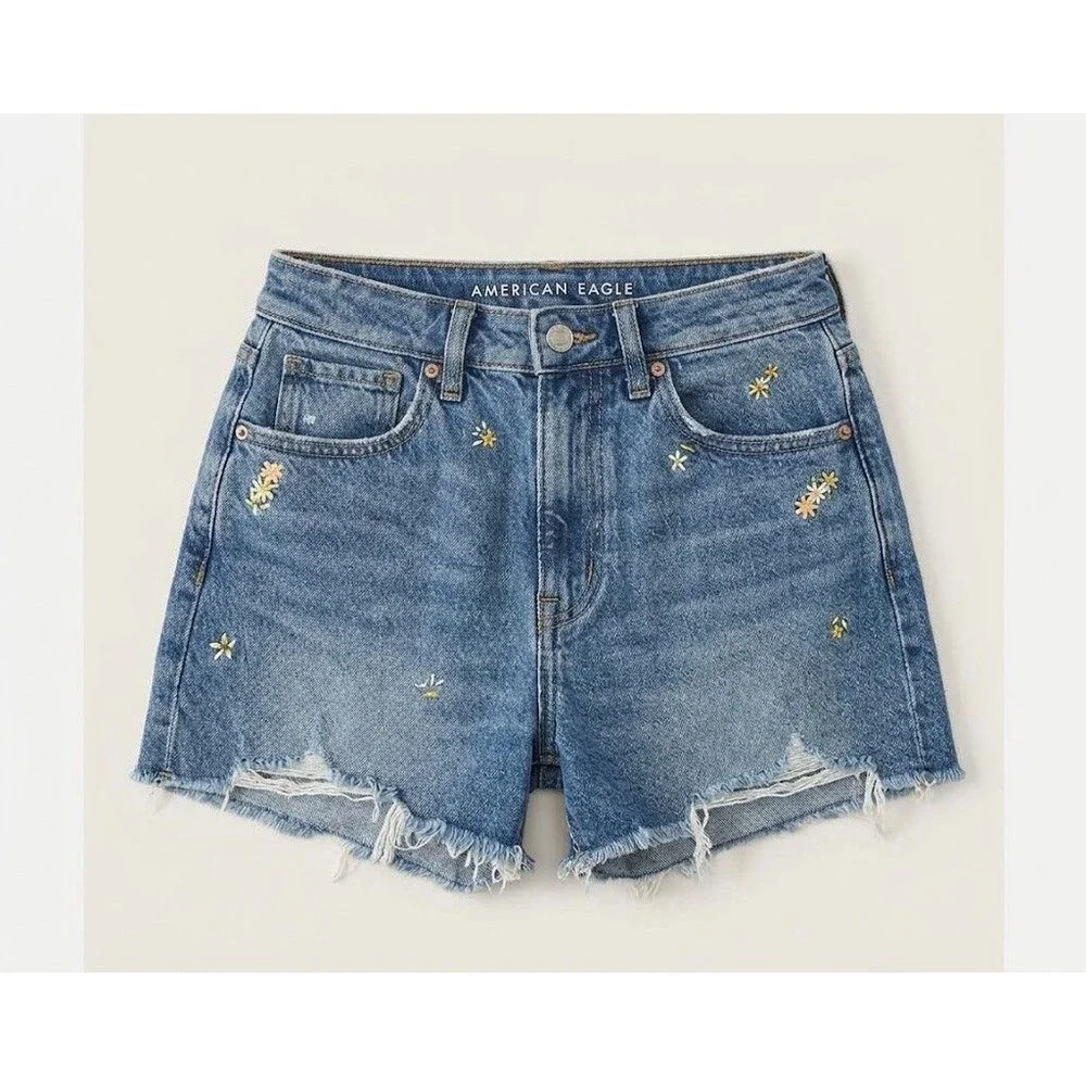 American Eagle Mom Denim Shorts Floral Embroidered Cut Off High Rise Size 00